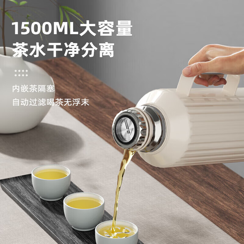 特美刻保温壶家用焖茶壶316不锈钢办公机械温显热水壶白茶花茶泡茶壶白高清大图