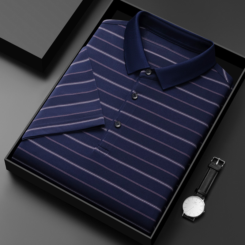 桑蚕丝新款冰丝短袖t恤男士polo衫夏季薄款商务中年桑蚕丝翻领体 藏青色 170