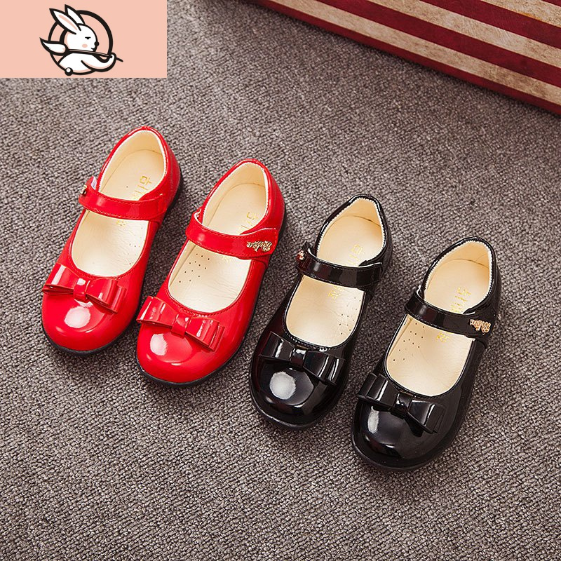huayangtu女童皮鞋黑色演出鞋春秋款儿童小女孩公主鞋白色春季豆豆单