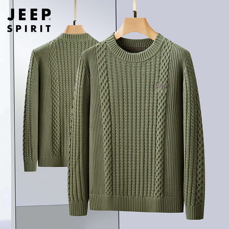 JEEP SPIRIT吉普男士纯棉毛衣秋季圆领针织上衣新款宽松保暖套头时尚毛衫高清大图