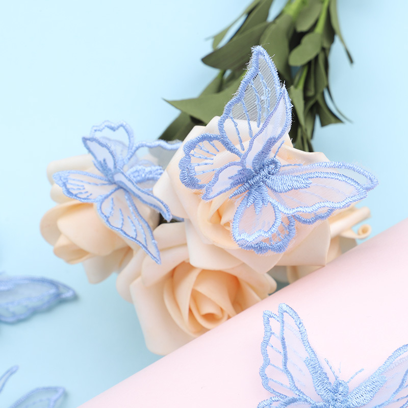 蓝色刺绣蕾丝布贴蝴蝶图案时尚米魁衣服补破洞装饰贴布绣补丁贴花小号