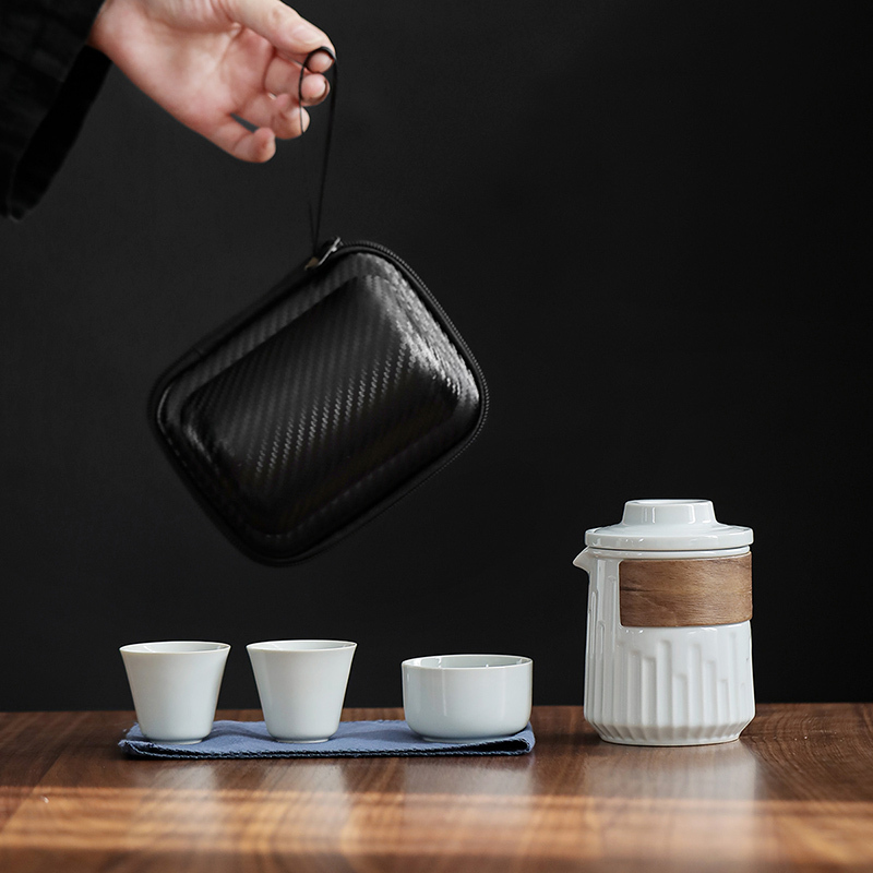 領藝 慢城日式旅行茶具套装便携式包陶瓷功夫家用小套泡茶器茶壶快客杯一壶三杯 慢城快客杯(雅灰)