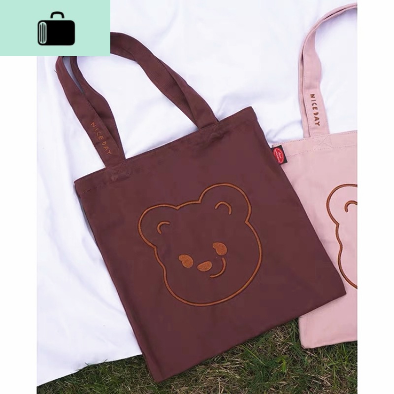 遇见鹿可爱小熊刺绣帆布包小众萌大容量少女购物袋字母软妹单肩包NEWLAKE 小熊刺绣帆布包（棕色）现货