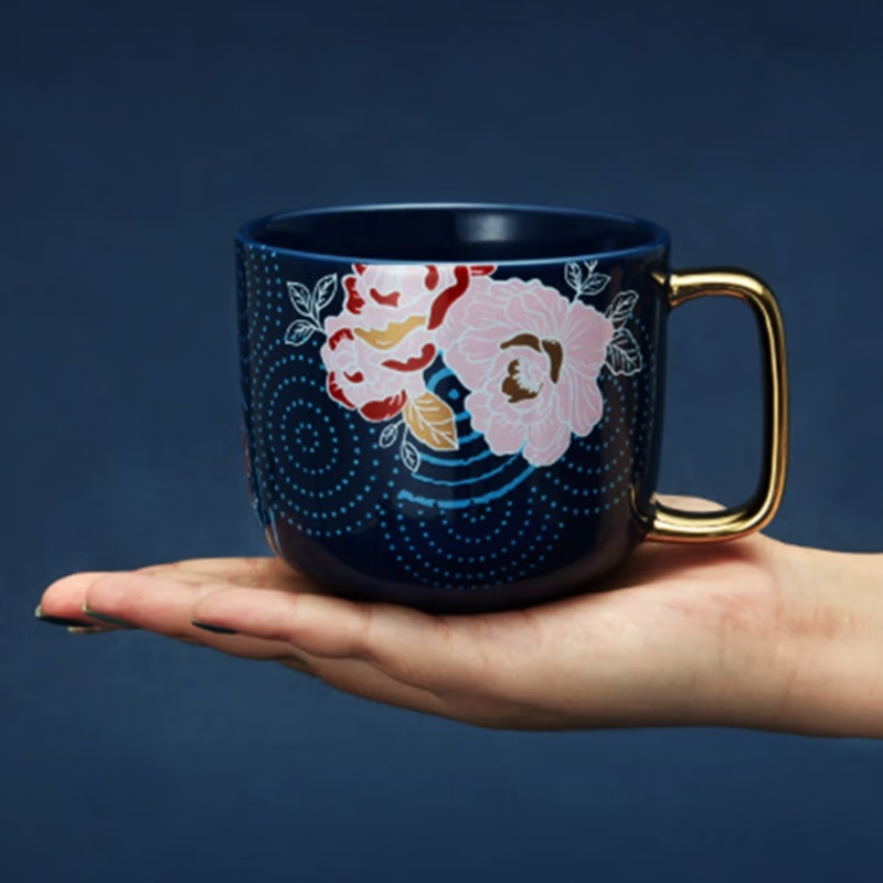 共禾京品陶瓷马克杯350ml大容量咖啡杯带勺子水杯中国风高颜值礼盒礼物 蓝