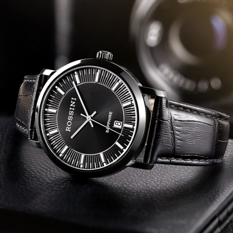 罗西尼rossini手表时尚皮带男士石英表男腕表防水皮革表带手表黑盘
