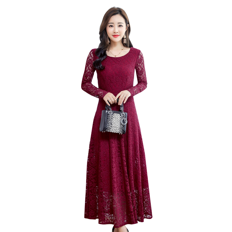 秋装女2018新款韩版气质名媛蕾丝连衣裙中长款修身显瘦大摆长裙子