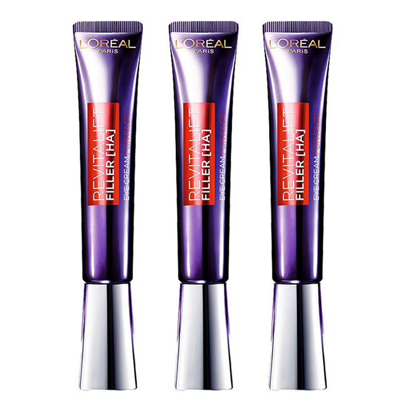 loreal欧莱雅复颜玻尿酸水光充盈全脸淡纹眼霜紫熨斗30mlx3