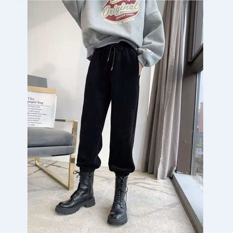 加绒雪尼尔束脚裤女秋冬新款宽松显瘦运动卫裤九分休闲灯笼裤子潮