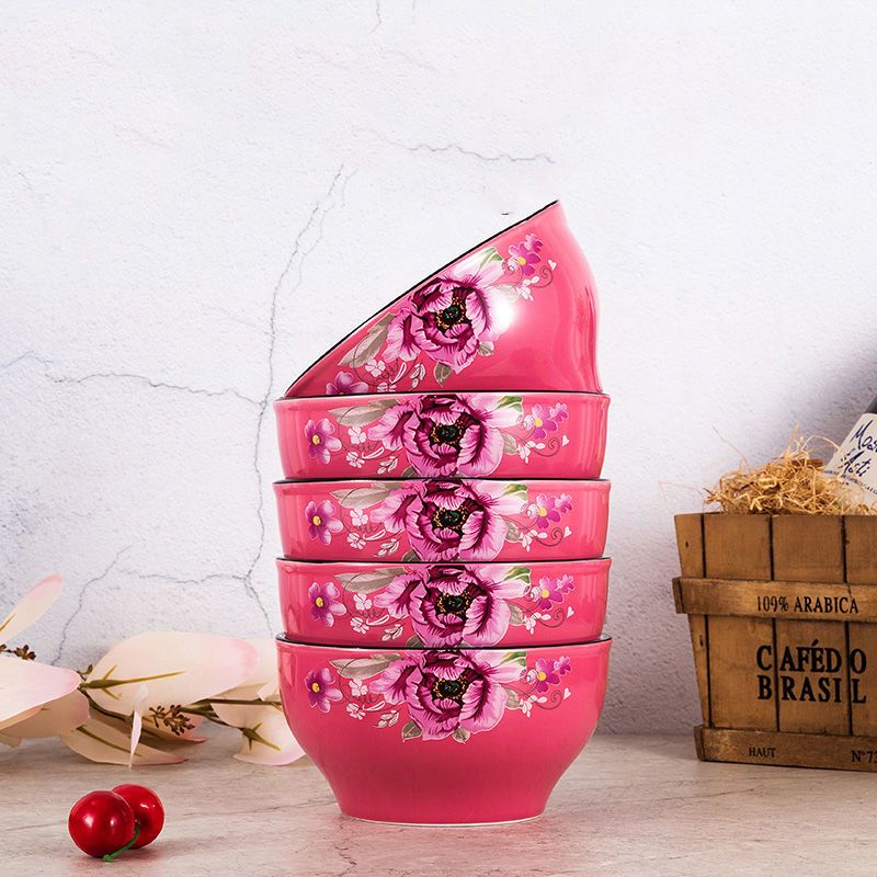 粉色45英寸4个545英寸利比碗色釉碗家用陶瓷碗餐具米饭碗汤碗面碗加厚