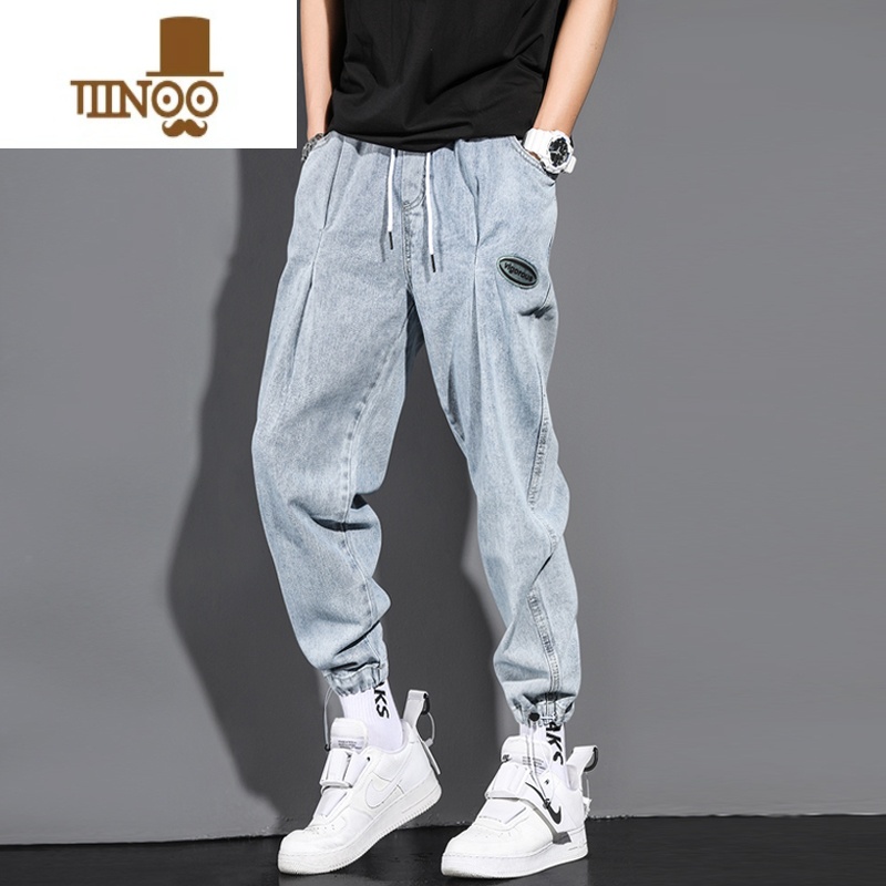 YANXU夏季薄款牛仔裤男士直筒宽松潮牌阔腿休闲哈伦浅色工装束脚长裤子高清大图