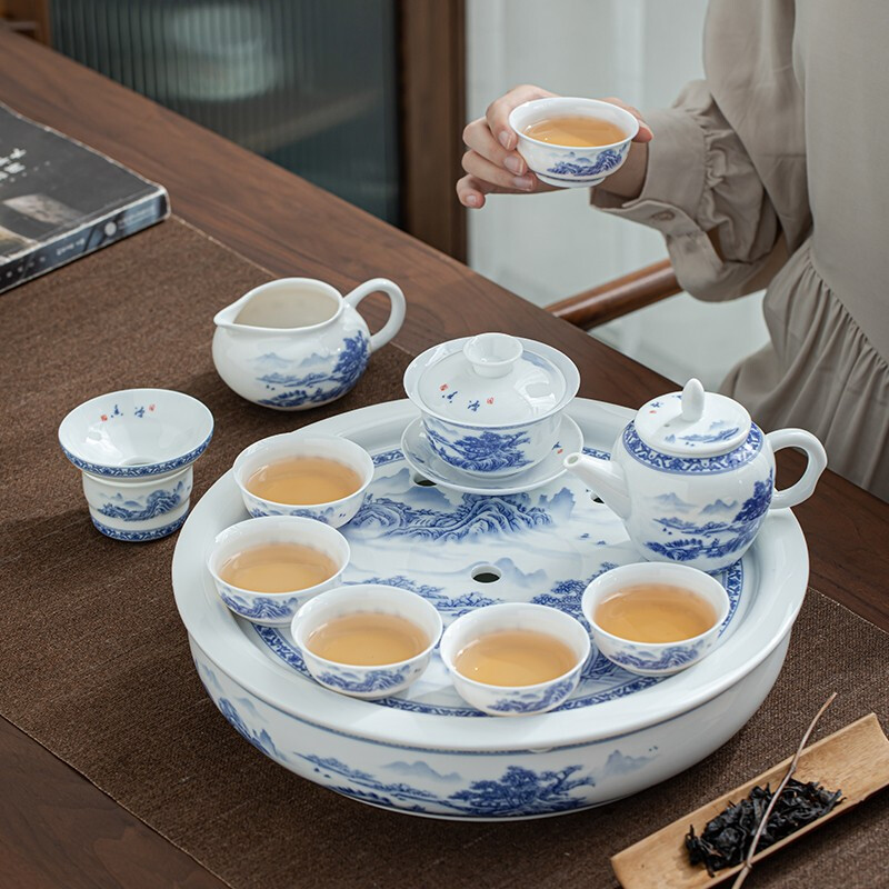 苏氏陶瓷/SUSHI CERAMICS J0429 国潮青花功夫茶具茶盘大套组陶瓷储水托盘三才盖碗(单位:套)高清大图