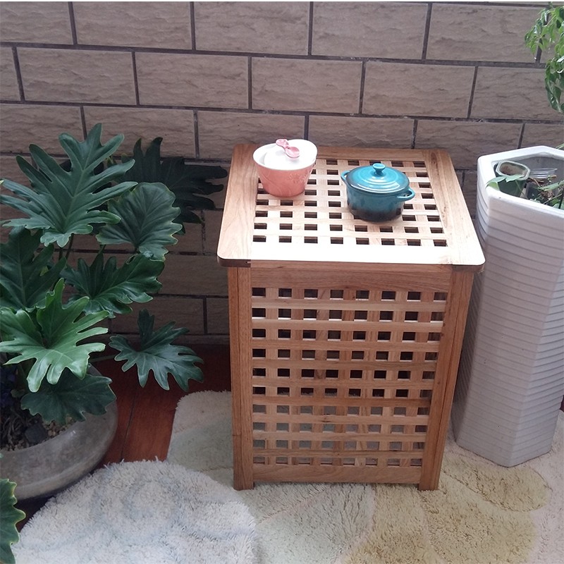 北欧风格楸木网格木箱纯实木储物箱带布袋收纳筐洗衣筐脏衣篮 三维工匠高清大图