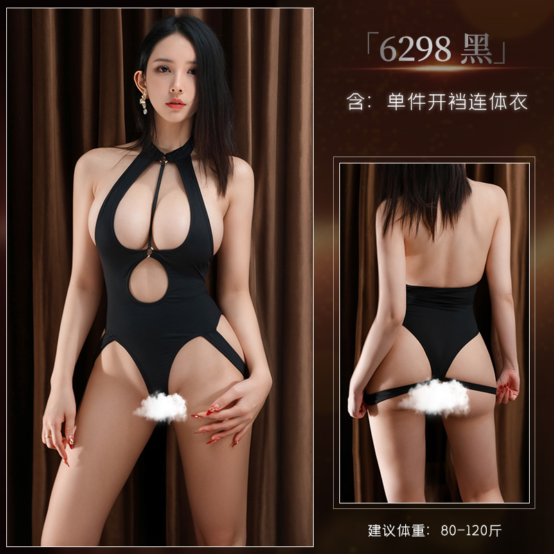 霏慕 织带束臀露胸开裆连体衣镂空透视比基尼免脱性感情趣内衣6298 6298◆热辣女郎◆黑【单件开裆连体衣】 均码