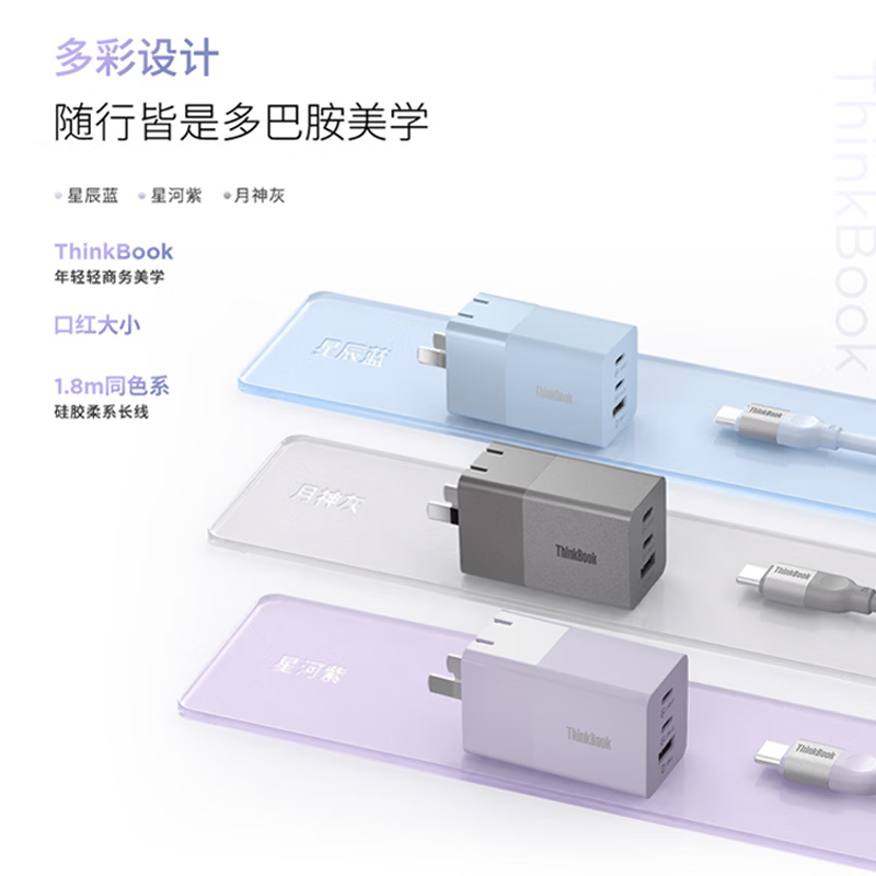 ThinkPlus 联想口红电源thinkplus P500c 67W三口氮化镓充电器支持苹果AVS快充华为联想部分手机高清大图