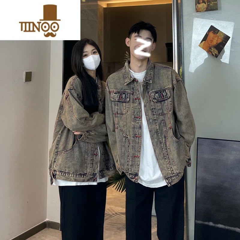 YANXU网红同款水洗做旧牛仔外套男复古痞帅工装翻领夹克宽松情侣上装仔高清大图