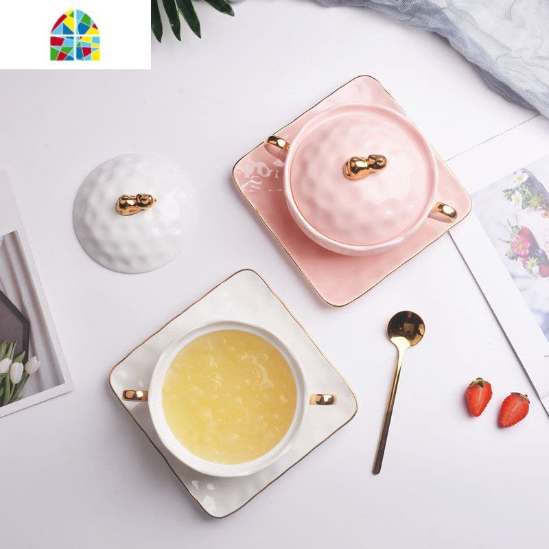 芋圆燕窝碗甜品碗精致套装欧式小西米露碗家用红网酸奶碗带盖 FENGHOU 金猪粉盖碗+金勺图片