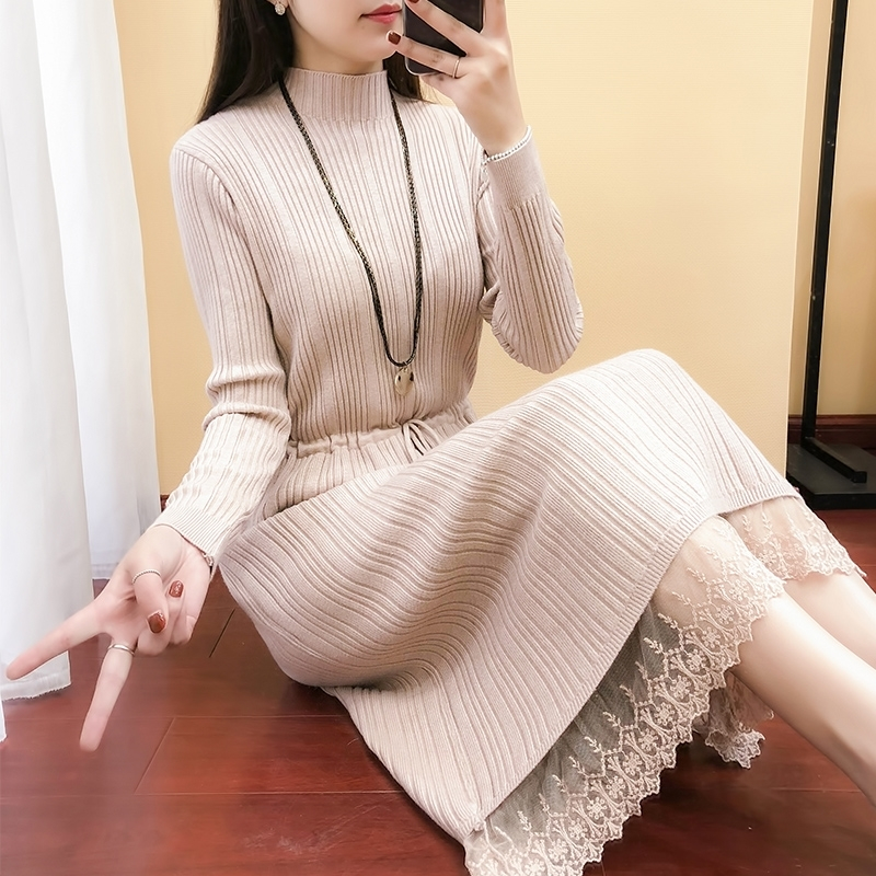 长款毛衣裙过膝2019新款女装半高领蕾丝拼接系带针织连衣裙