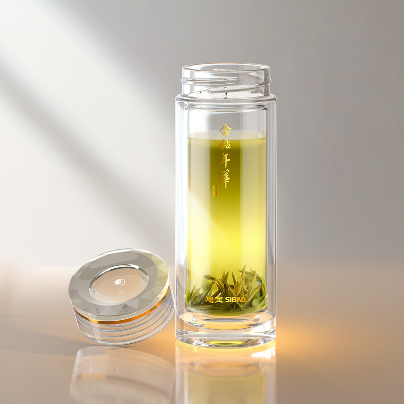 思宝旗舰店金钻年华双层玻璃杯商务办公礼品便携透明泡茶水杯