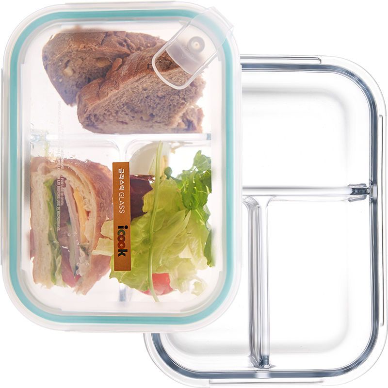 透明盖套装 中长700+保温包+餐具 ICOOK玻璃饭盒微波炉专用碗可加热保温饭盒上班族便当盒餐盒套装