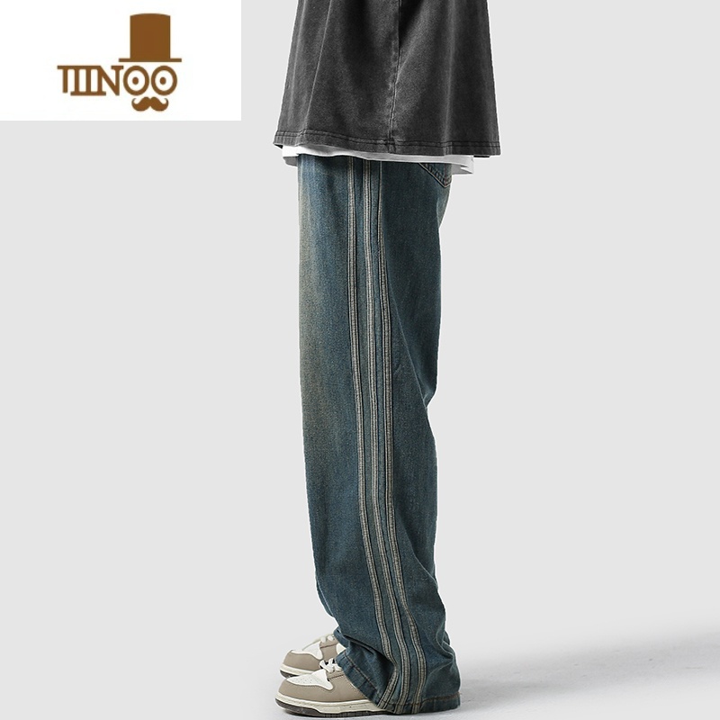 YANXU美式高街复古牛仔裤男潮牌做旧条纹休闲裤宽松直筒阔腿拖地筒高清大图
