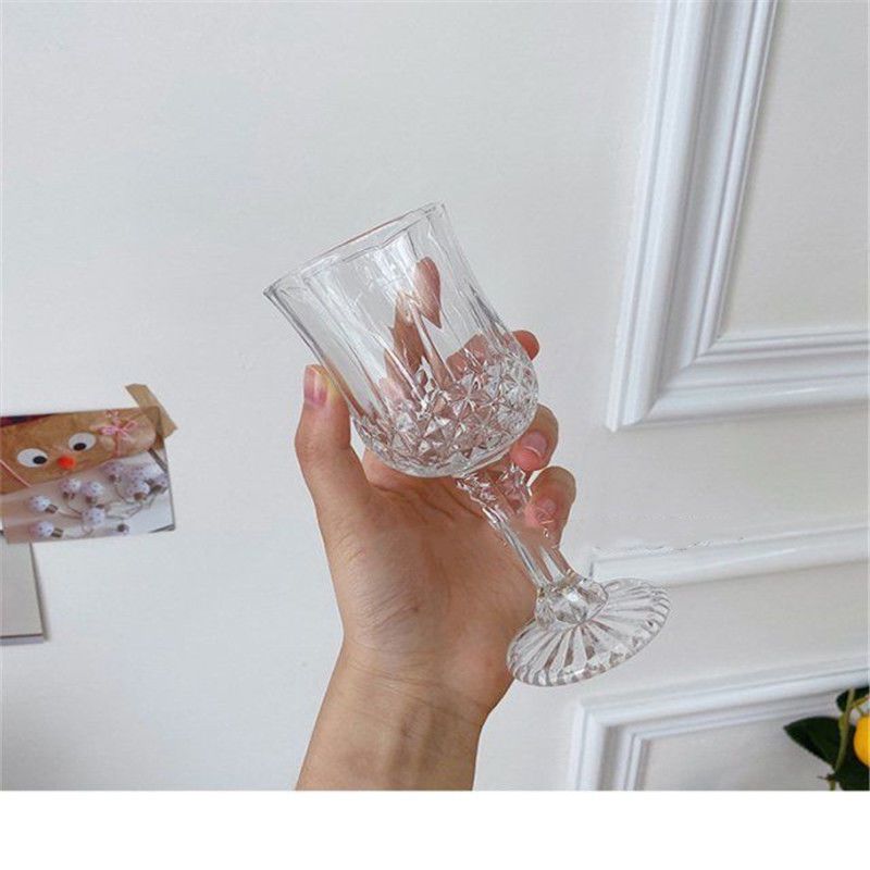 韩国简约ins复古法式少女雕花玻璃高颜值高脚杯套装餐具玻璃杯浮雕