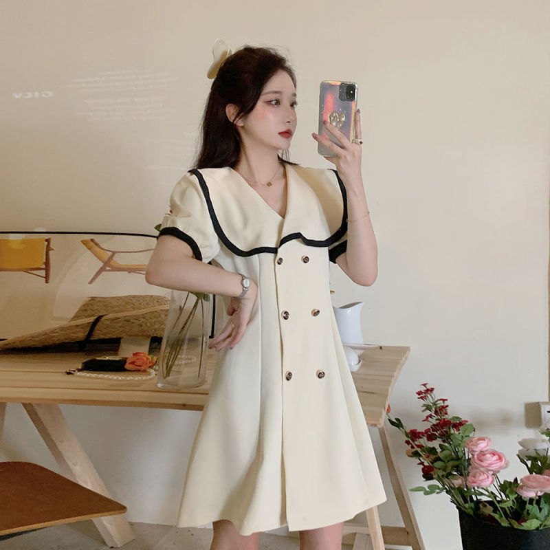 美动态大码女装拼接翻领气质西服裙子2022夏季胖MM显瘦纽扣连衣裙