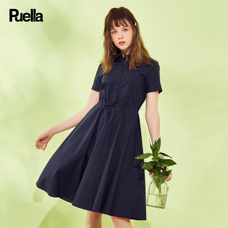 拉夏贝尔旗下puella中长款复古裙高腰连衣裙女韩版高腰气质显瘦裙子