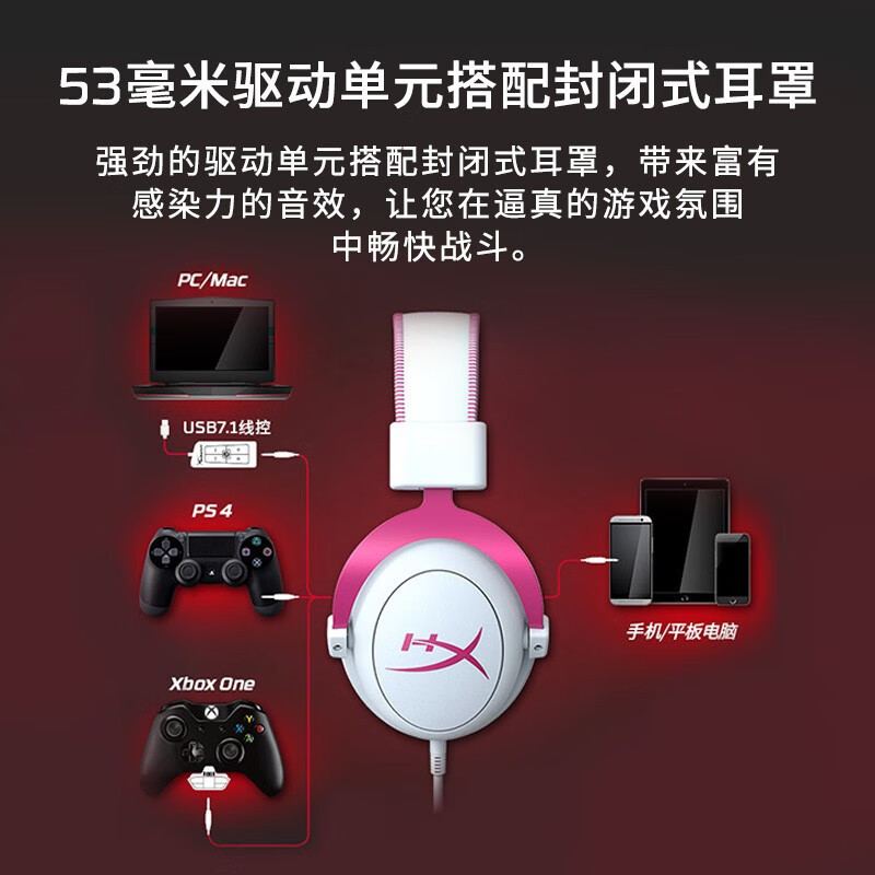 极度未知(HYPERX)电竞游戏耳机头戴式有线无线电脑吃鸡耳麦 7.1虚拟环绕声丨粉红色[飓风2]