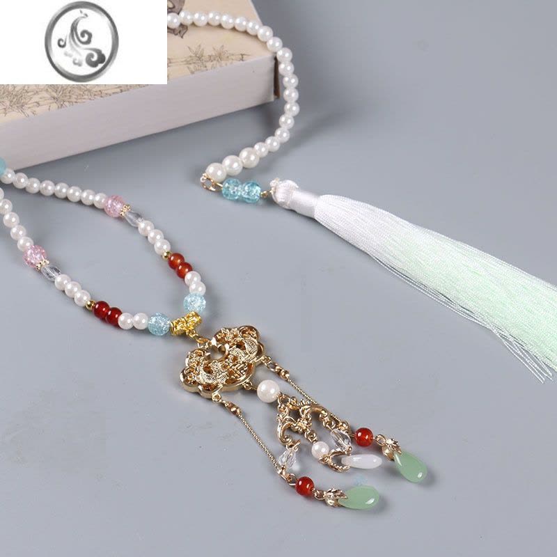 JiMi璎珞女长款明制后缀流苏背云项链唐风坦领汉服配饰古风平安锁吊坠图片