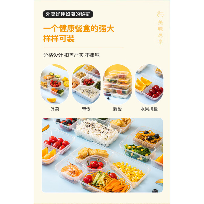 融盒 方形透明餐盒 一次性碗方形饭盒外卖快餐盒食品级泡面碗筷塑料打包盒 韩式五格 150套/箱高清大图