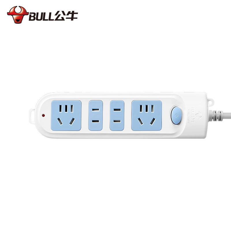 公牛(bull)GN-607全长1.8米四位插孔带保护门总控开关插座/接线板/排插/拖线板/插排 蓝白高清大图