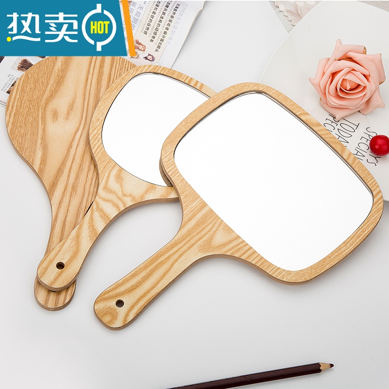 敬平高清手拿木质公主手柄镜子 便携美容化妆镜可悬挂手持梳妆镜大号便携式用镜 圆形大号高清大图