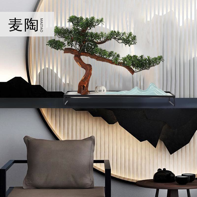 美帮汇玄关装饰品样板间软装摆件仿真新中式迎客松盆景绿植客厅酒店家居图片