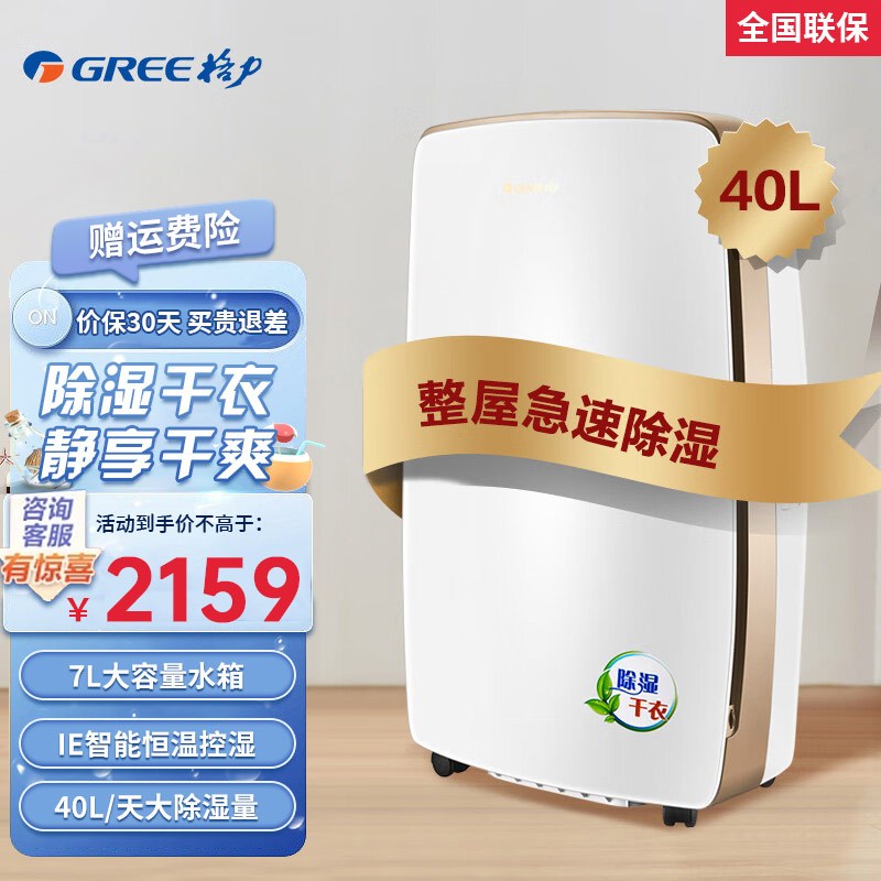 格力(GREE)抽湿机/除湿机 家用卧室办公室低噪干衣除湿器 40升/天 适用120㎡以内 智能数控(DH40EH)