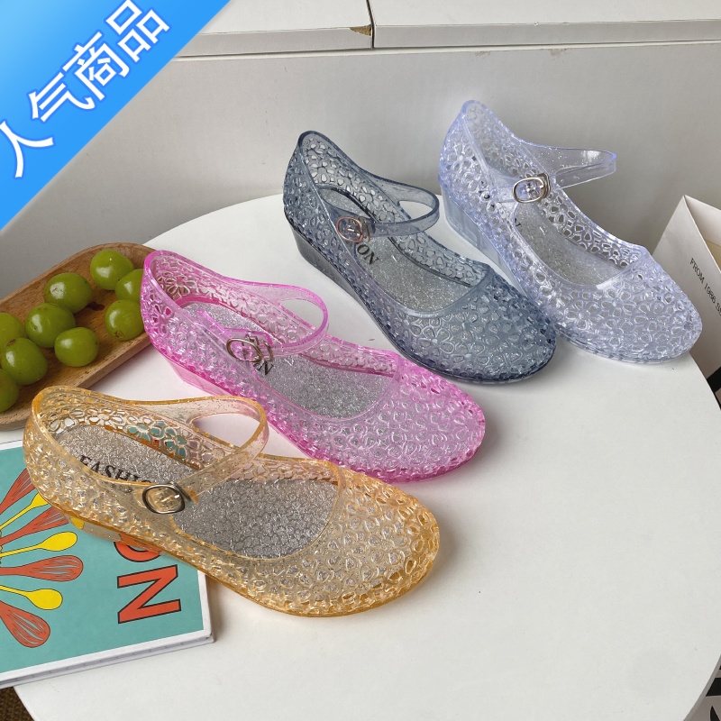 SUNTEK一字带凉鞋女夏季时尚外穿坡跟塑料水晶鞋防滑软底包头镂空洞洞鞋高清大图