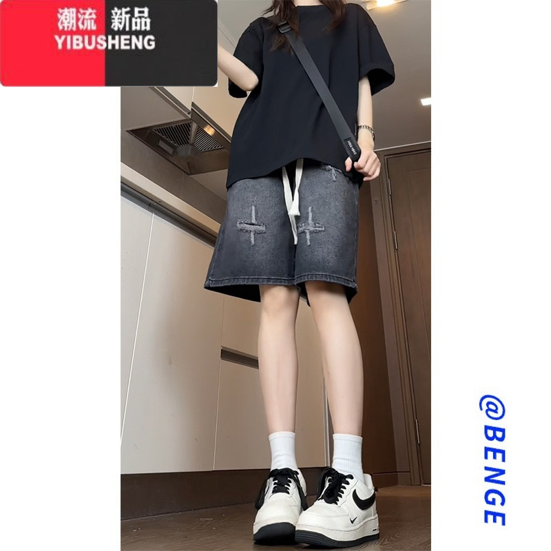 YIBUSHENG破洞软牛仔短裤女2024新款季七分裤子宽松休闲六五分裤大码胖mm