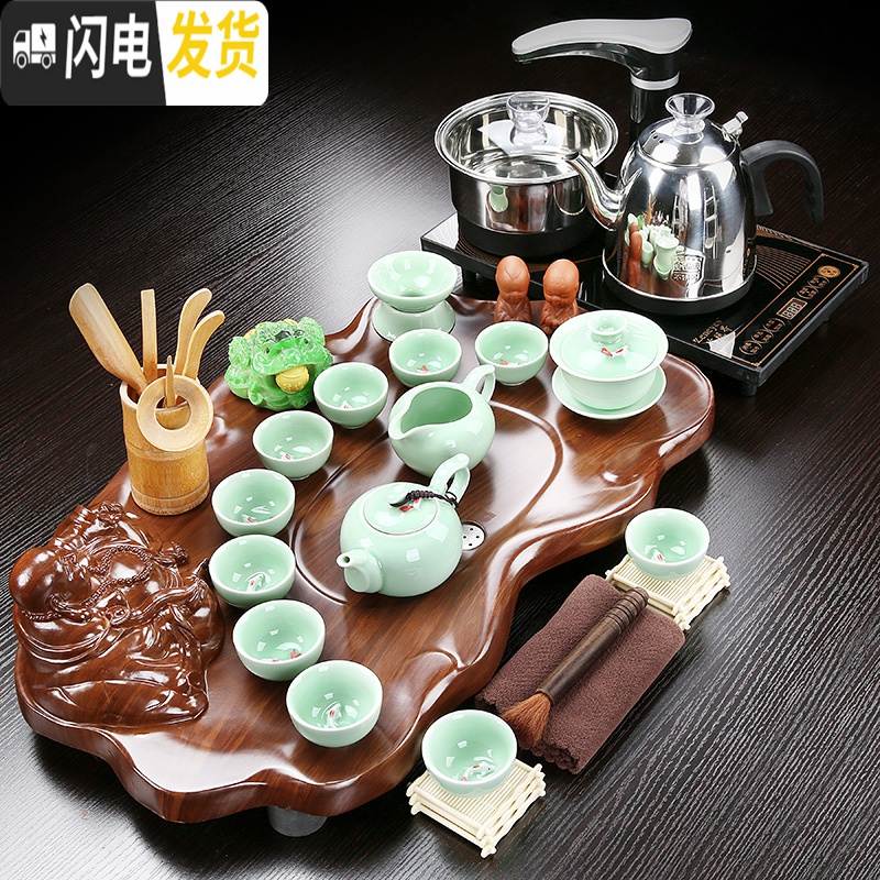 三维工匠功夫茶具套装家用整套紫砂陶瓷全自动实木茶盘电磁炉茶台茶海喝茶 款式7:立体布袋佛+玻璃茶具 22件高清大图