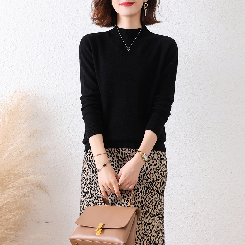 半高领羊绒衫女纯色毛衣女100纯羊毛2024春秋季新款针织打底衫女士毛衣洋气保暖上衣服全羊毛羊绒衫女大码显瘦毛衣女套头 黑色 2XL适合125-135斤