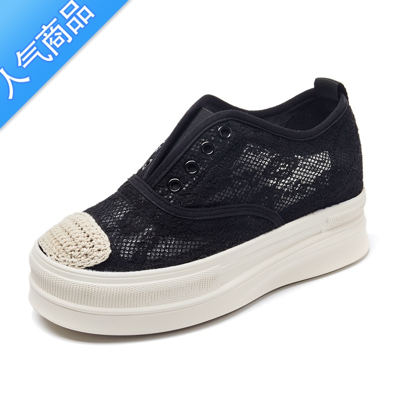 SUNTEK渔夫鞋女厚底2023夏新款内增高女鞋一脚蹬网鞋松糕单鞋透气乐福底高清大图