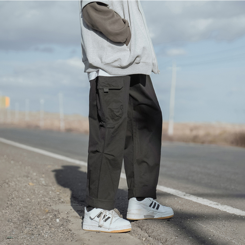 yuansu男士褶皱复古工装裤韩版宽松卷边休闲裤纯色学生百搭长裤休闲裤