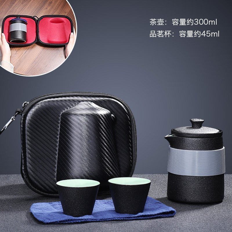 家柏饰(CORATED)黑陶旅行茶具一壶四杯配茶叶罐套装便携收纳包户外功夫快客杯高清大图