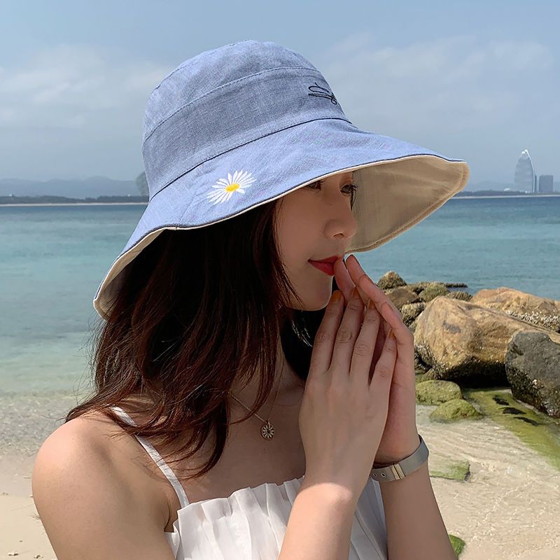 帽子女夏渔夫帽韩版百搭遮阳防紫外线帽子双面百搭防晒刺绣帽子女