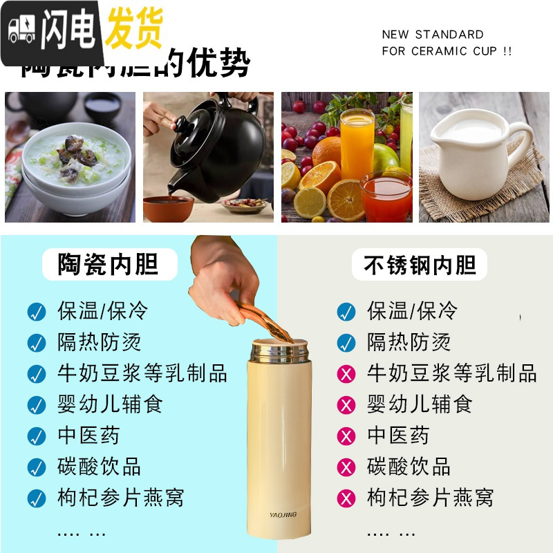 三维工匠陶瓷保温杯女大容量男士水杯韩版便携简约清新花茶养生泡茶杯 纯净蓝400加茶隔(不锈钢盖)高清大图