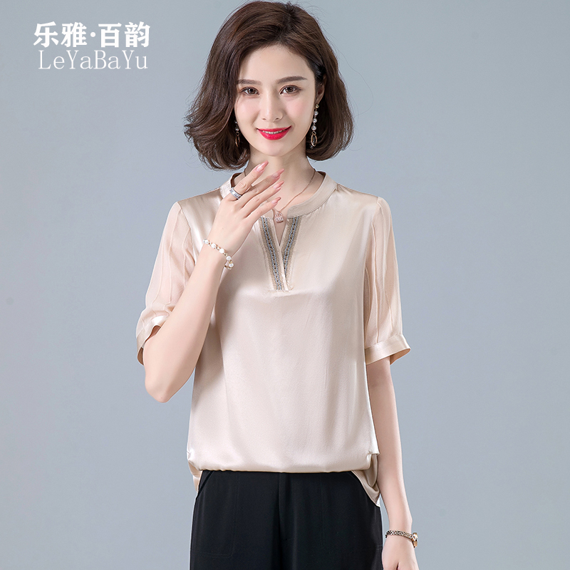 乐雅百韵leyabayu妈妈装真丝上衣洋气桑蚕丝短袖t恤中老年女装4050岁