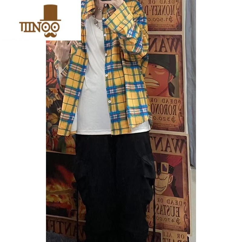 YANXU2023款美式复古格子衬衫男女港风宽松休闲情侣衬衣外套上衣N高清大图