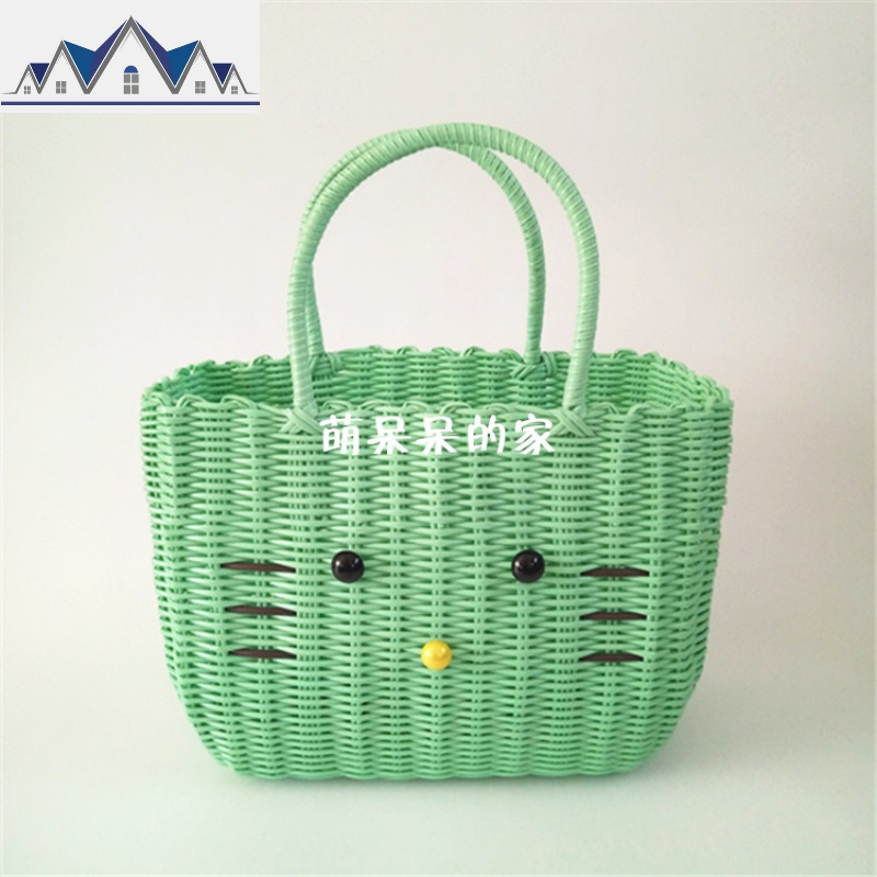 塑料洗澡蓝小猫多功能收纳篮亲子包包塑料编织菜篮购物篮收纳篮 三维工匠 绿色小猫大号