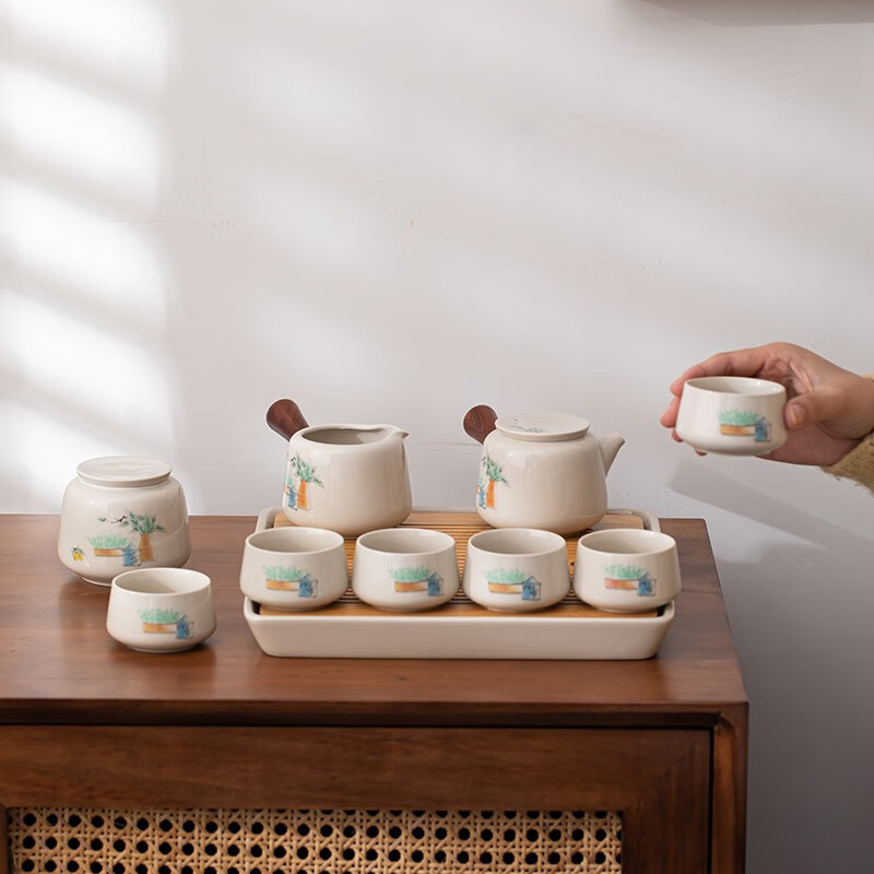 苏氏陶瓷(SUSHI CERAMICS) J0506 草木壶茶具组-春意(杯壶茶盘茶叶罐) 10件套 (单位:套)高清大图