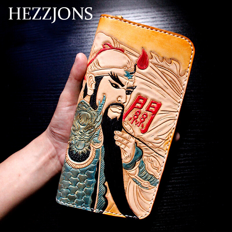 赫泽琼斯hezzjons手工雕刻关公钱包进口意大利牛皮拉链手机包青年时尚
