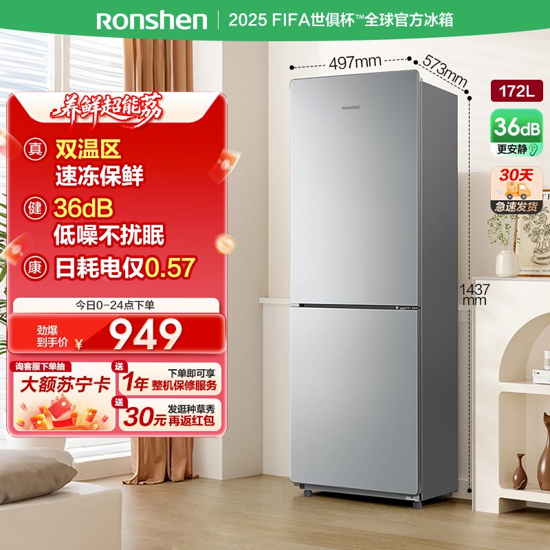 容声(Ronshen)172升 双门两门电冰箱 家用 迷你小型 宿舍租房节能 保鲜冷冻冷藏BCD-172D11D