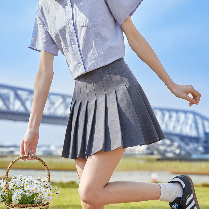 [2.5折价91元]唐狮灰色百褶裙学院风A字短裙夏季新款女黑色显瘦半身裙子B